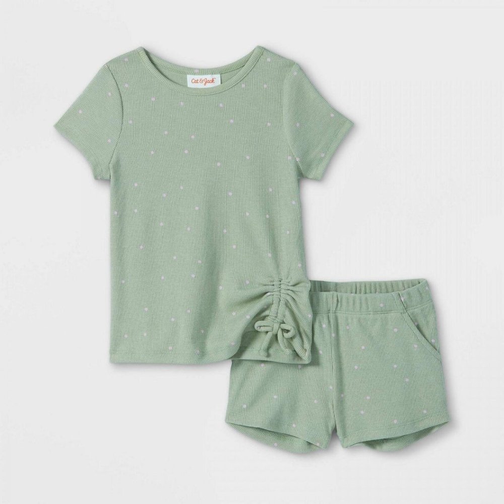 NWT Cat & Jack Dot Ribbed Cinched Short Sleeve Top and Shorts Set 2T Power Sage - Picture 1 of 4